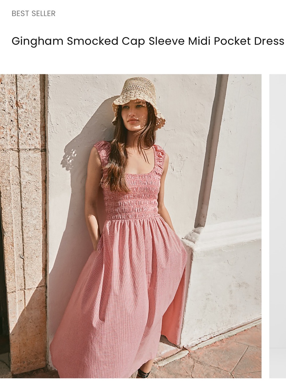 Gingham Smocked Cap Sleeve Midi Pocket Dress